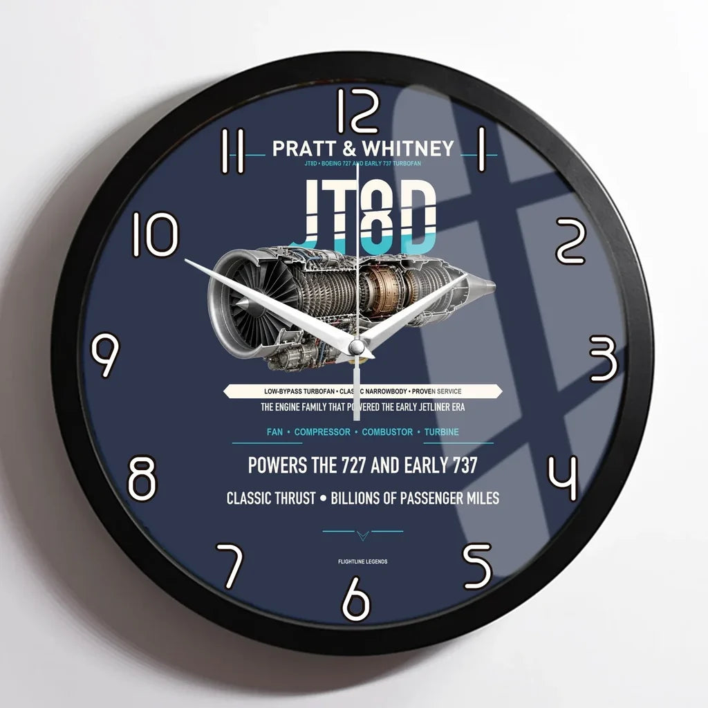 JT8D design on navy blue framed wall clock