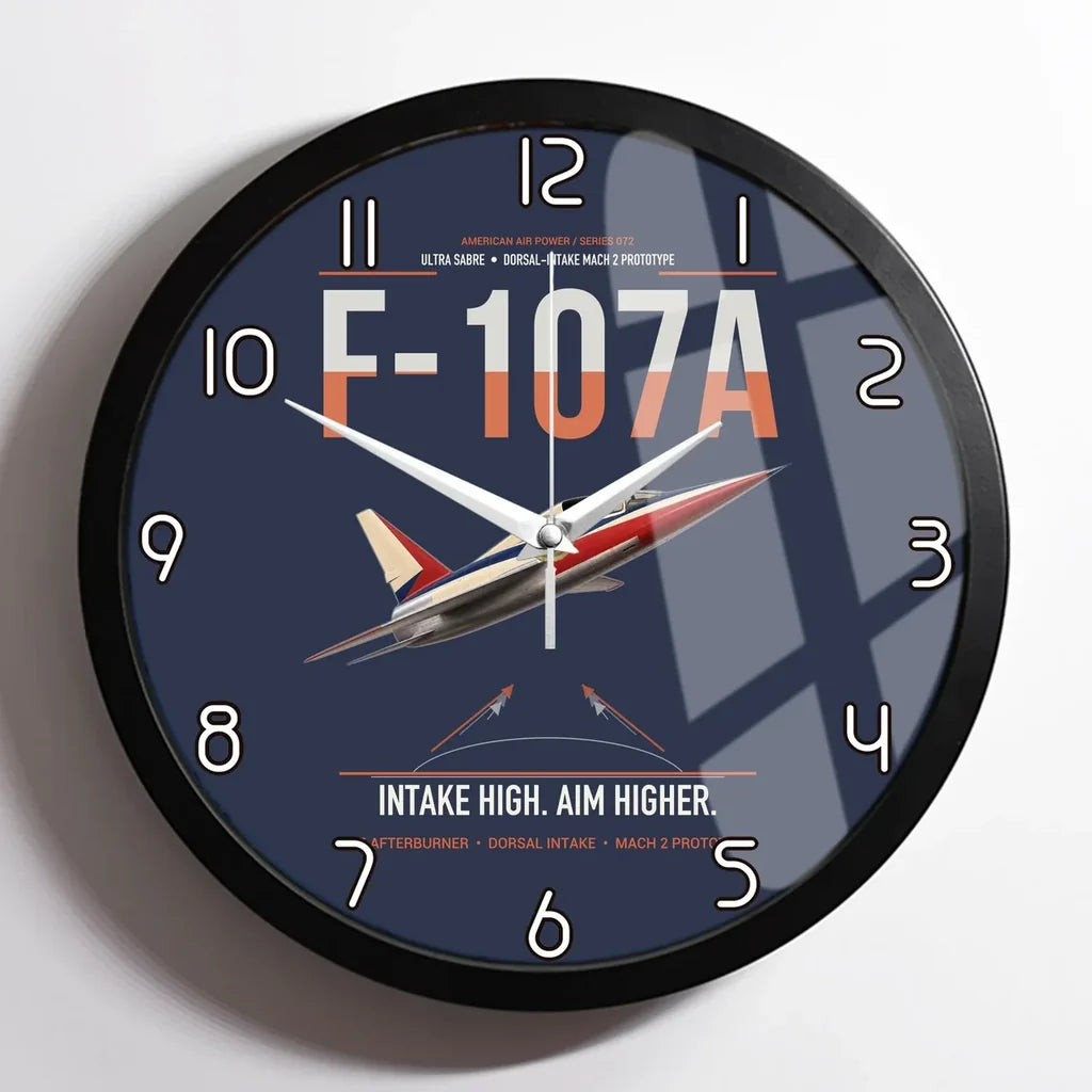 F-107A Ultra Sabre design on navy blue framed wall clock