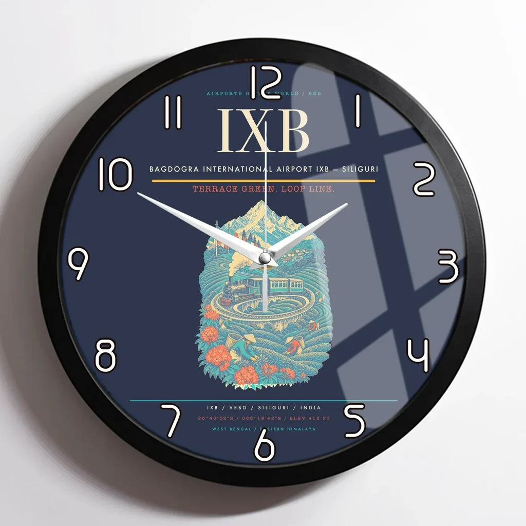 Bagdogra International Airport (IXB) design on navy blue framed wall clock