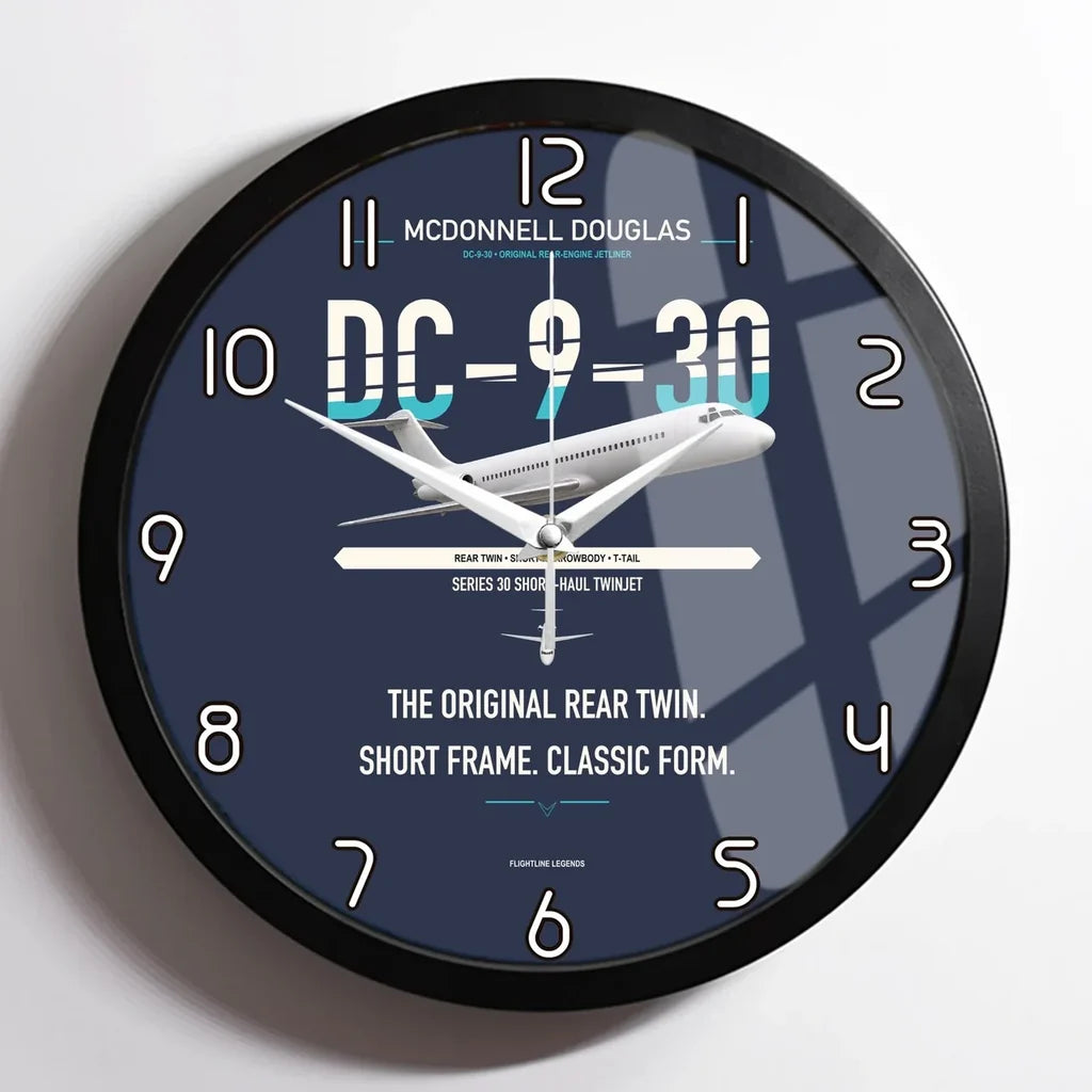 McDonnell Douglas DC-9-30 design on navy blue framed wall clock