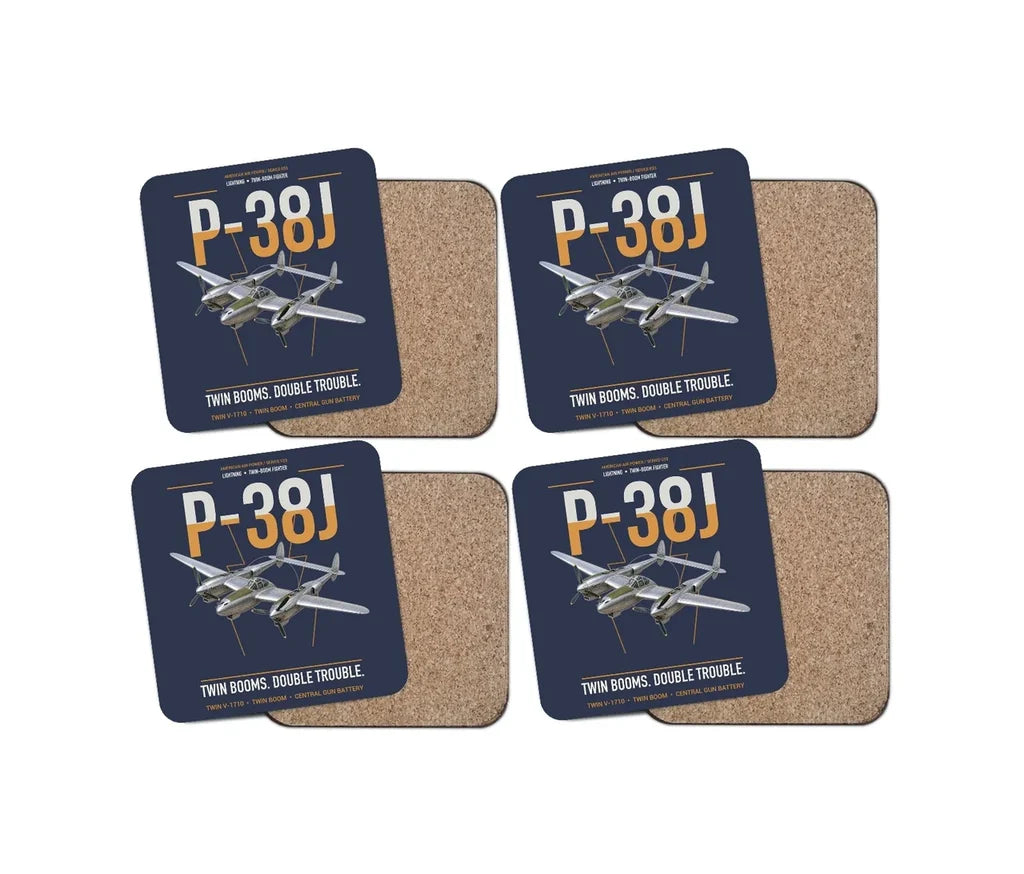 P-38J Lightning design on navy blue 4 pieces set coaster