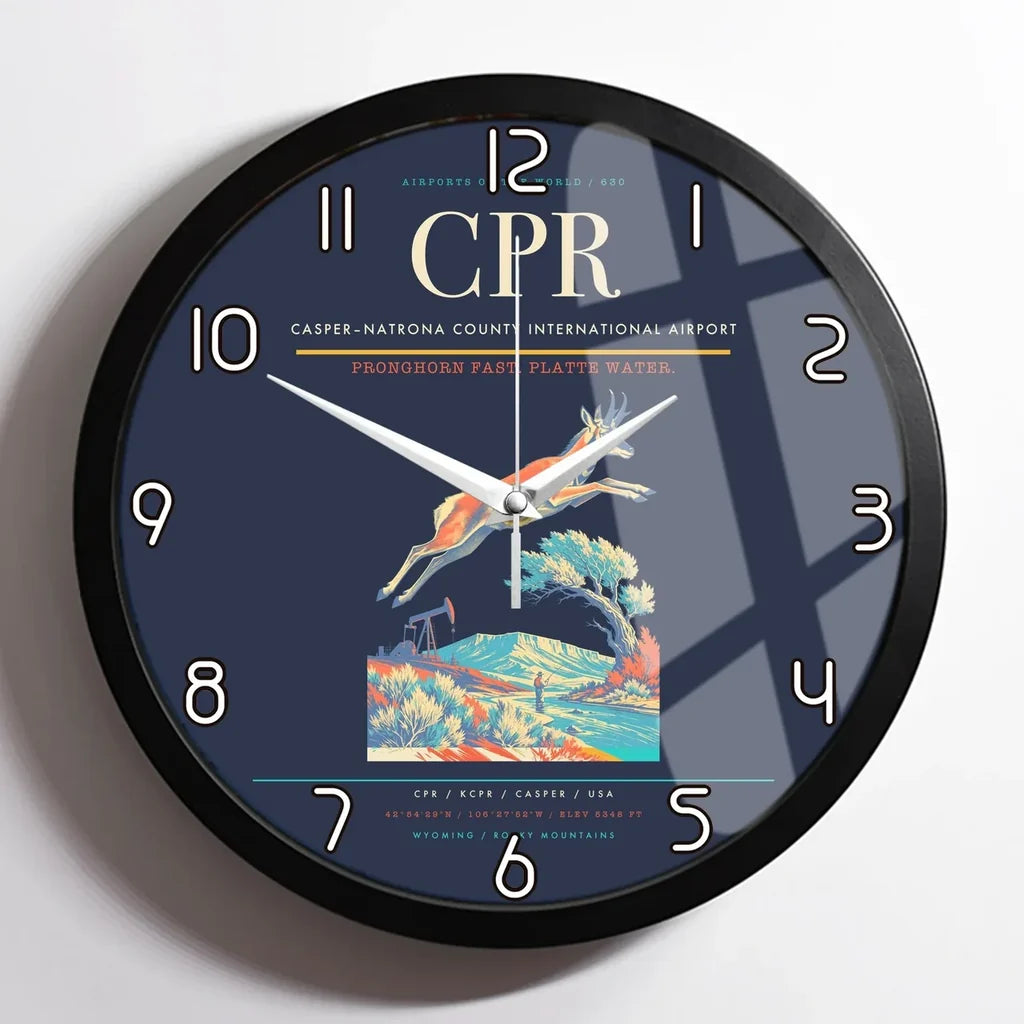 Casper–Natrona County International Airport (CPR) design on navy blue framed wall clock
