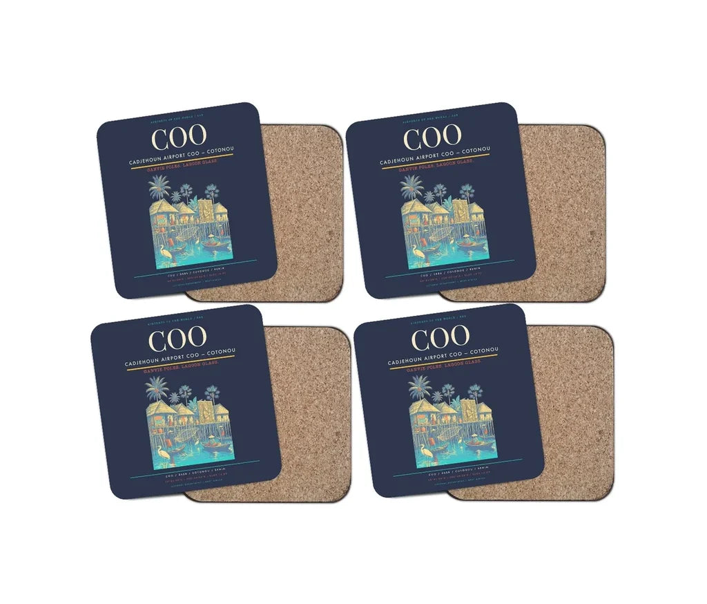 Cadjehoun Airport (COO) design on navy blue 4 pieces set coaster