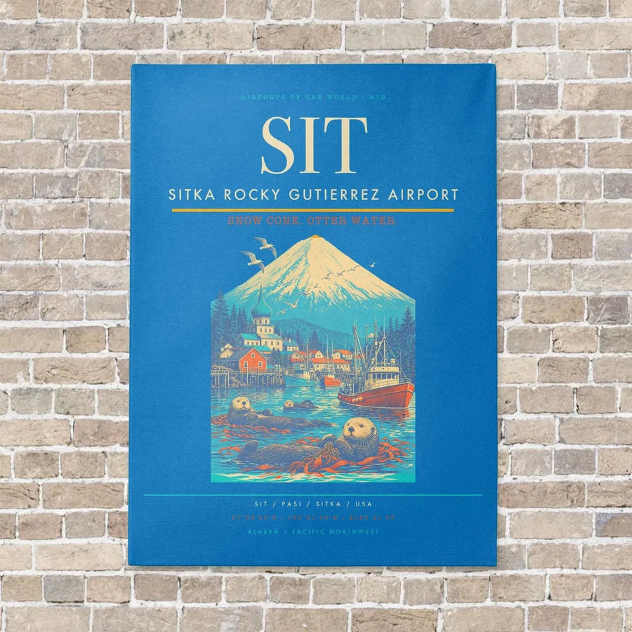 Sitka Rocky Gutierrez Airport SIT vertical canvas print - no frame - turquoise background