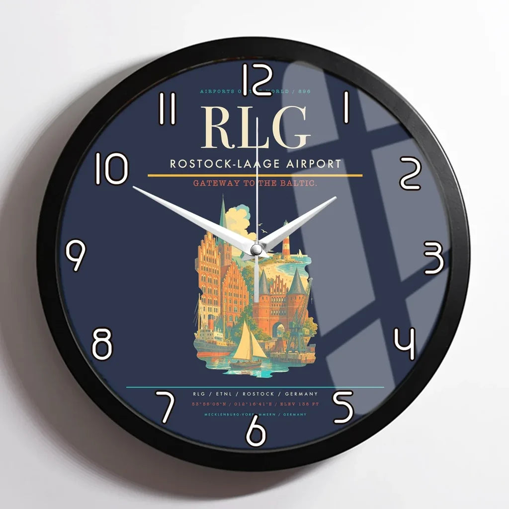 Rostock-Laage Airport (RLG) design on navy blue framed wall clock