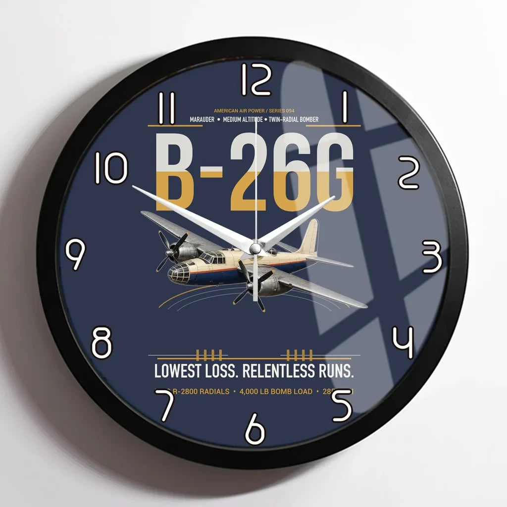 B-26G Marauder design on navy blue framed wall clock
