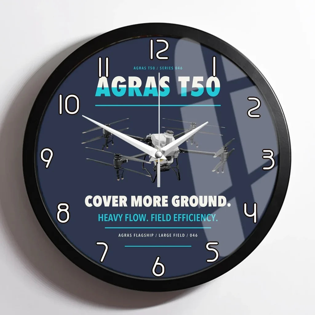 DJI Agras T50 design on navy blue framed wall clock