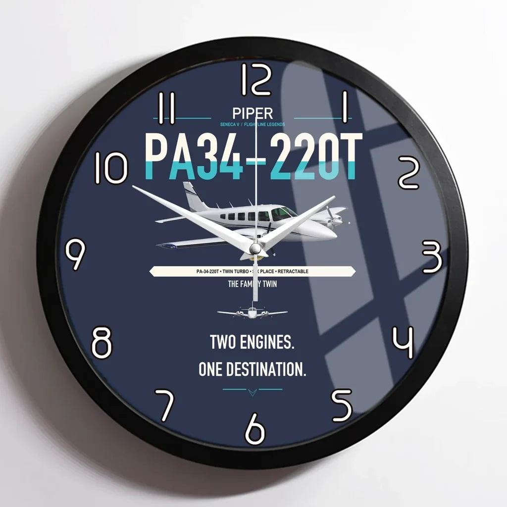 Piper PA-34-220T Seneca V design on navy blue framed wall clock