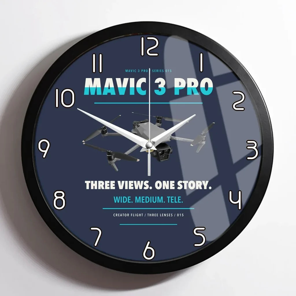 DJI Mavic 3 Pro design on navy blue framed wall clock