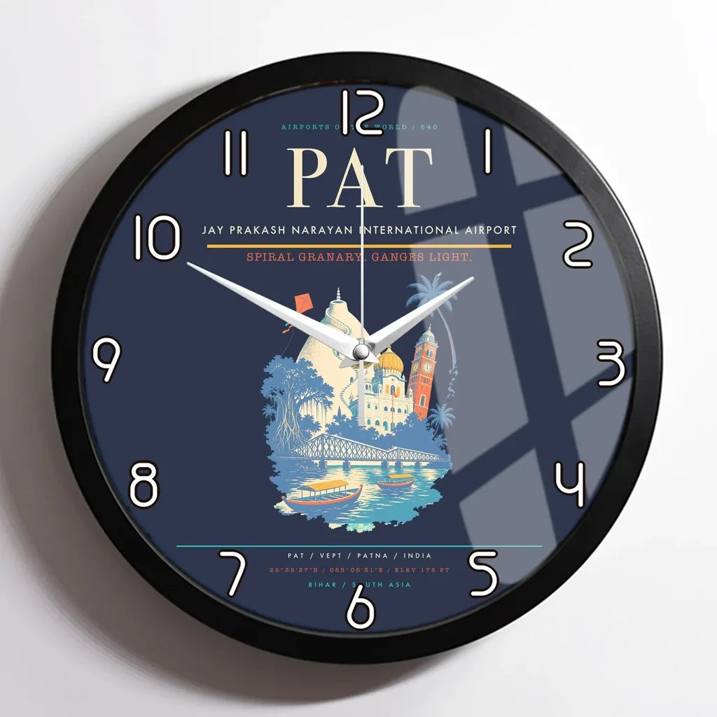 Jay Prakash Narayan International Airport (PAT) design on navy blue framed wall clock