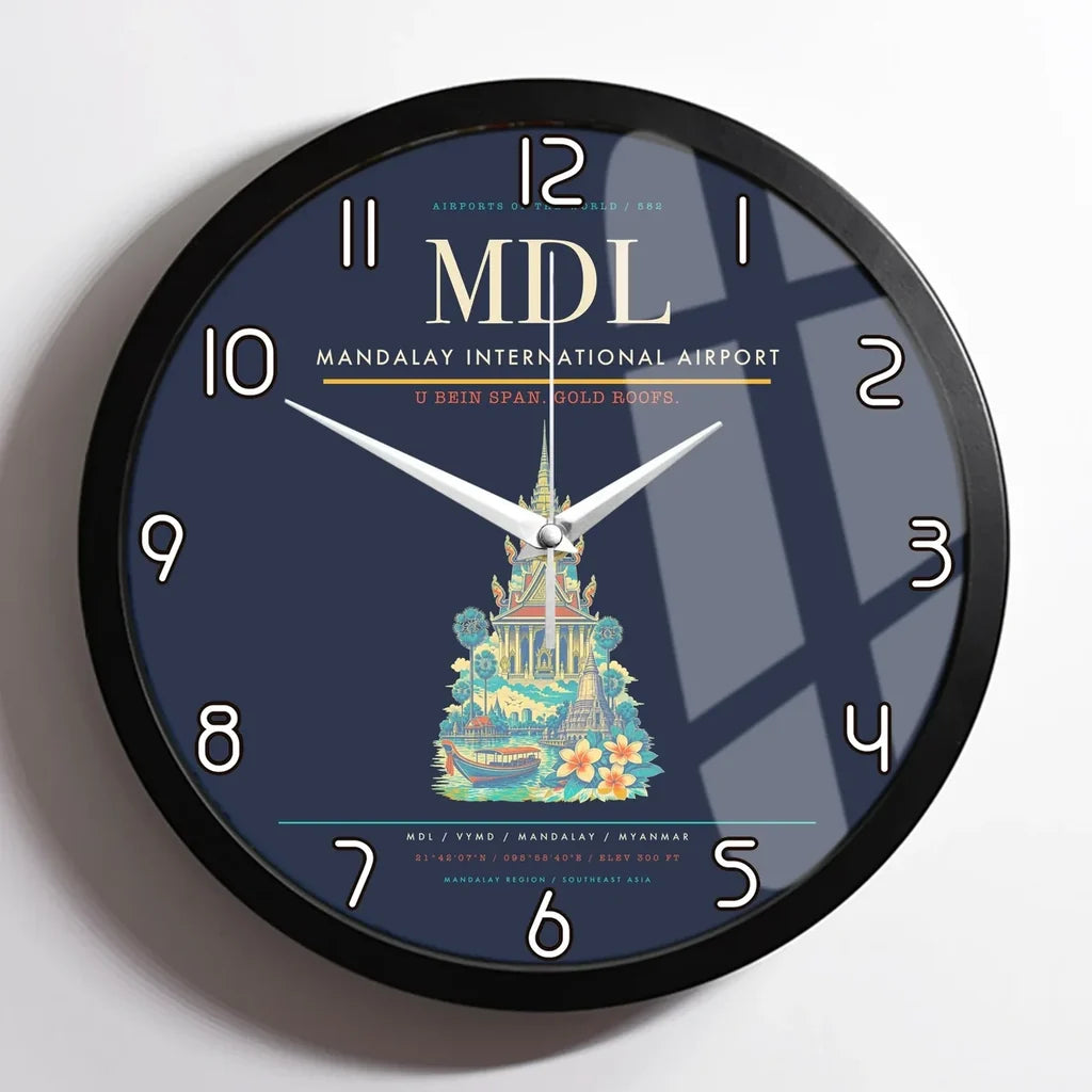 Mandalay International Airport (MDL) design on navy blue framed wall clock
