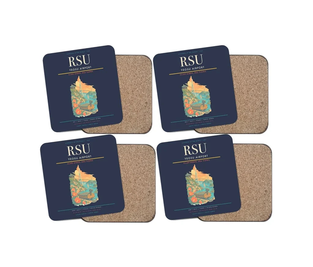 Yeosu Airport (RSU) design on navy blue 4 pieces set coaster