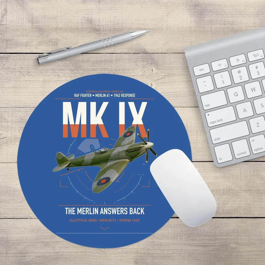 Supermarine Spitfire Mk IX design on blue round mouse pad
