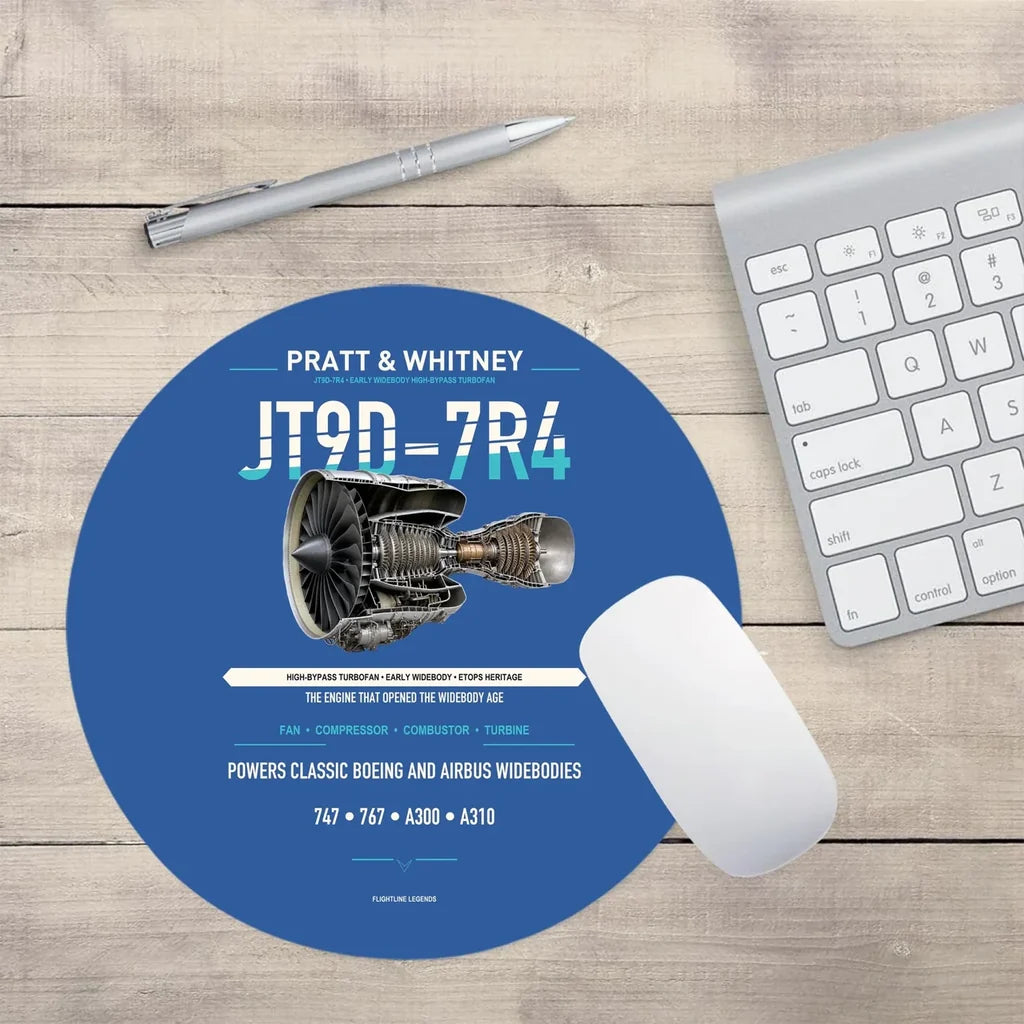 JT9D-7R4 design on blue round mouse pad