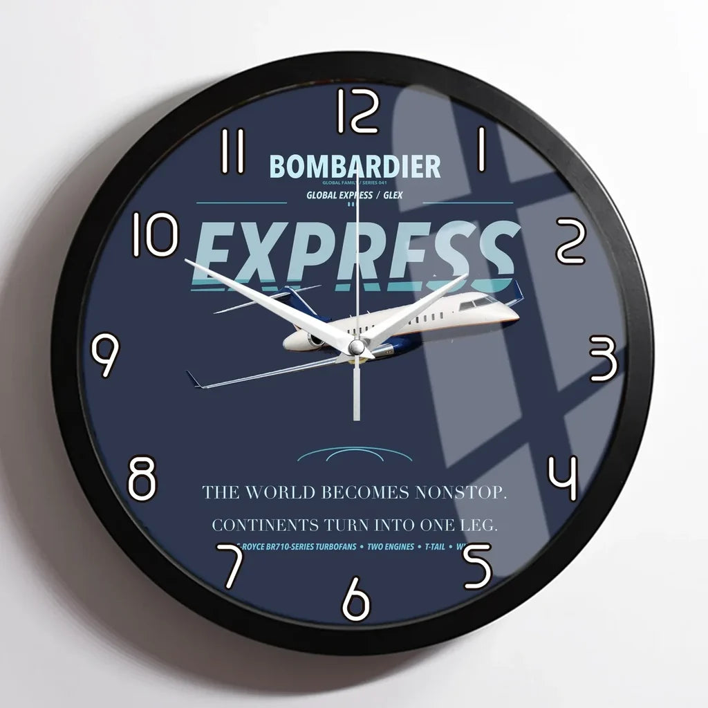 Bombardier Global Express design on navy blue framed wall clock
