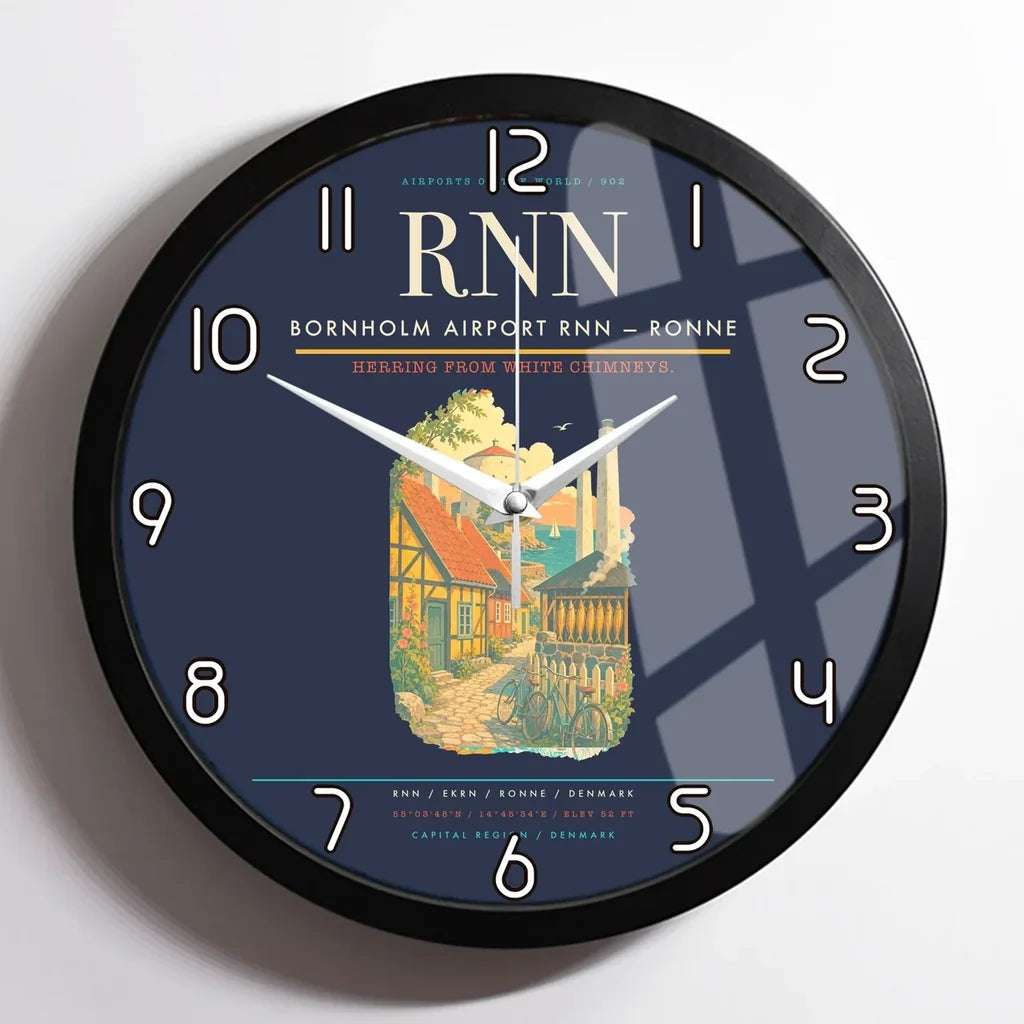 Bornholm Airport (RNN) design on navy blue framed wall clock