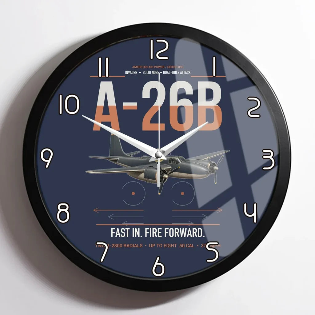 A-26B Invader design on navy blue framed wall clock