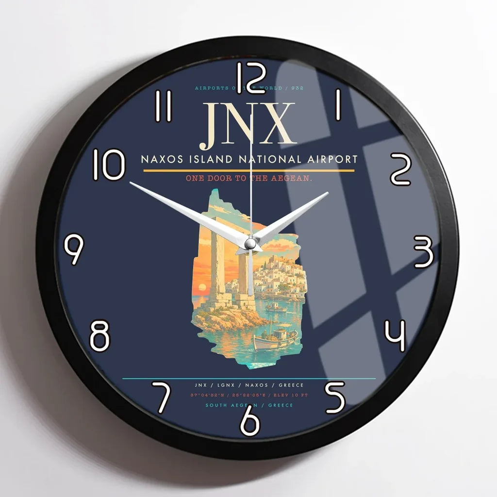 Naxos Island National Airport (JNX) design on navy blue framed wall clock