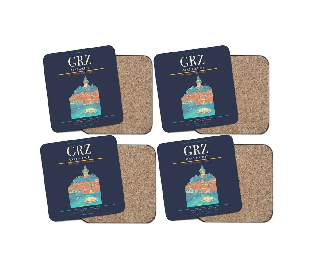 Graz Airport (GRZ) design on navy blue 4 pieces set coaster