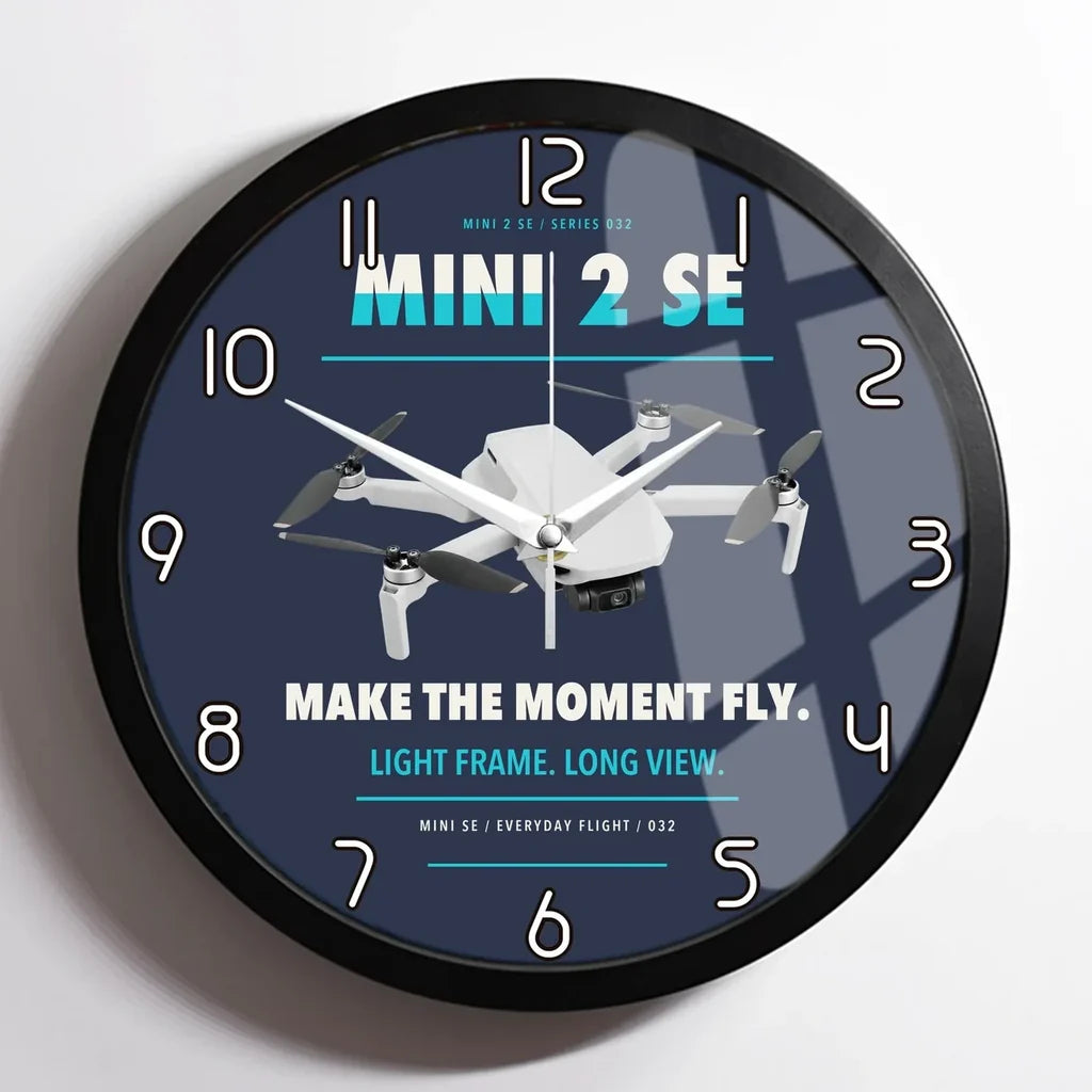 DJI Mini 2 SE design on navy blue framed wall clock
