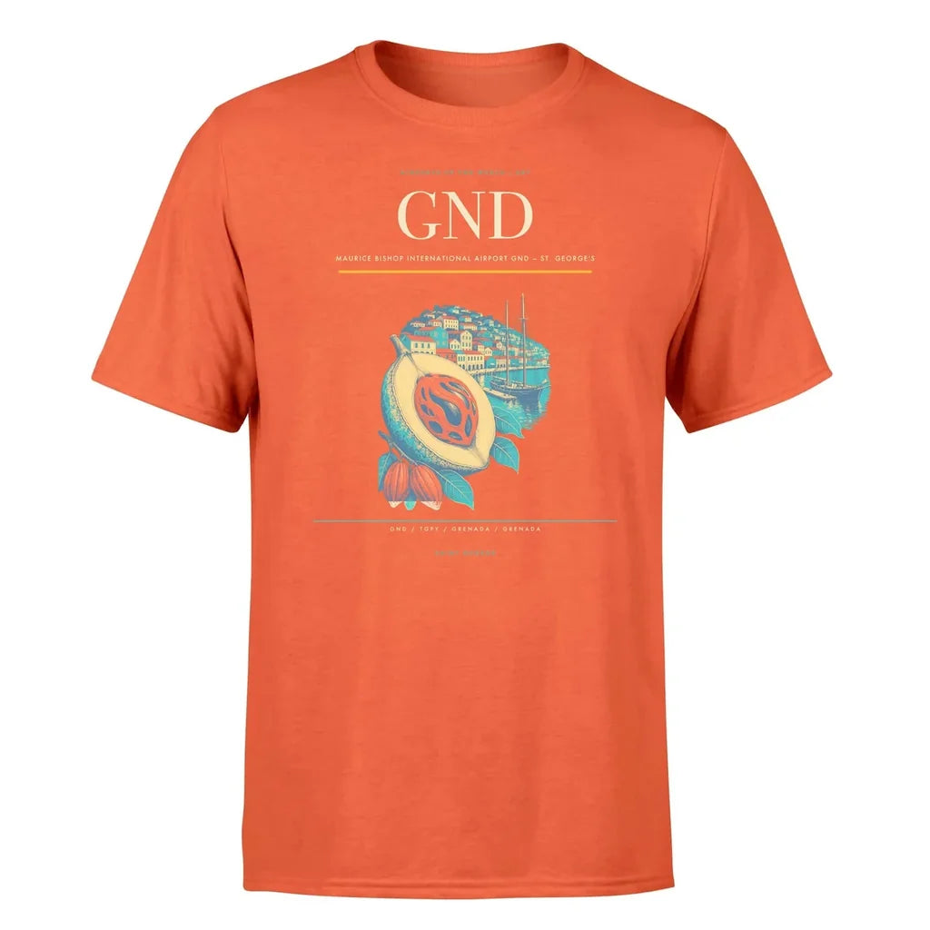 Maurice Bishop International Airport (GND) T-Shirt single-side front print in Orange | maurice-bishop-international-airport-gnd-double-side-t-shirt