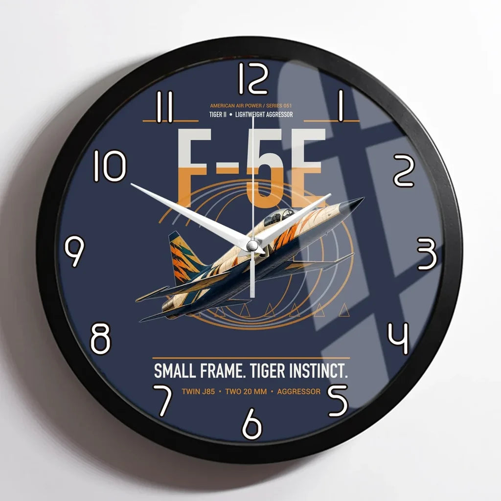 F-5E Tiger II design on navy blue framed wall clock