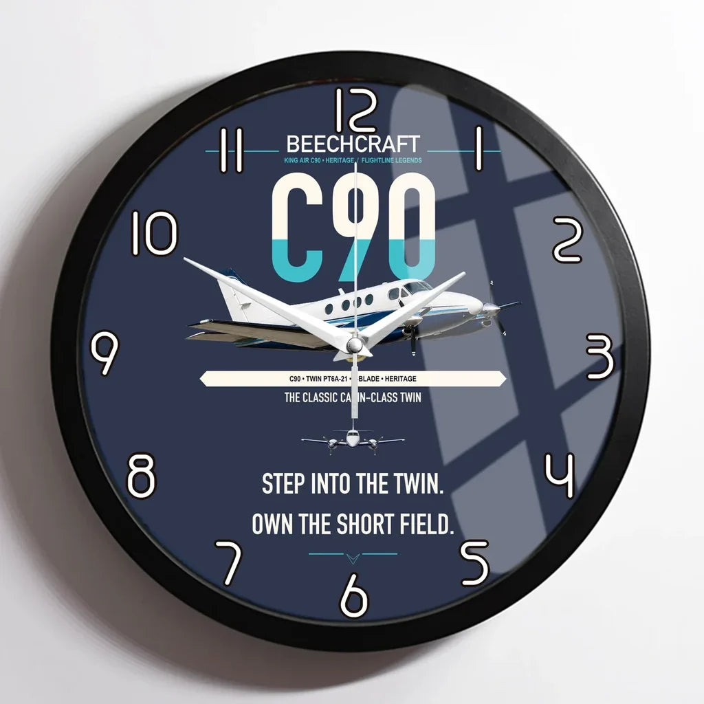 Beechcraft King Air C90 design on navy blue framed wall clock