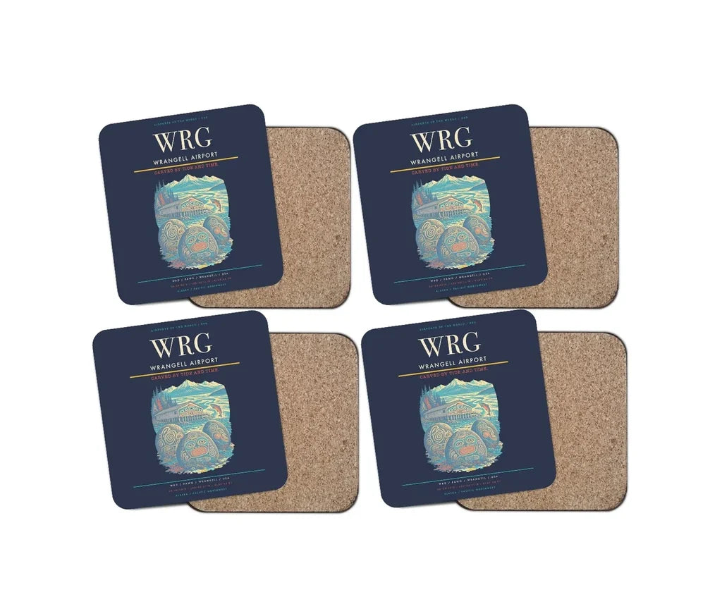 Wrangell Airport (WRG) design on navy blue 4 pieces set coaster