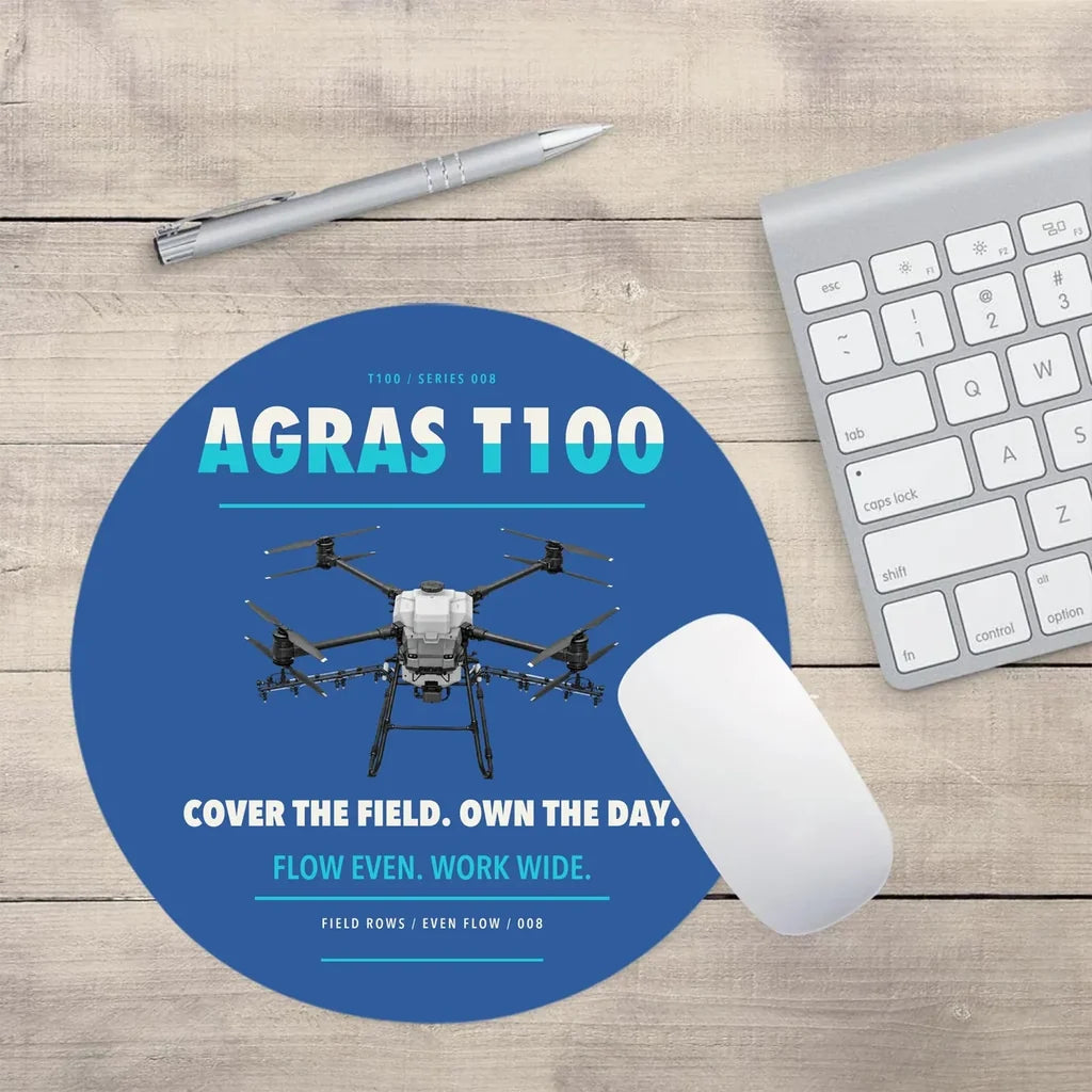 DJI Agras T100 design on blue round mouse pad