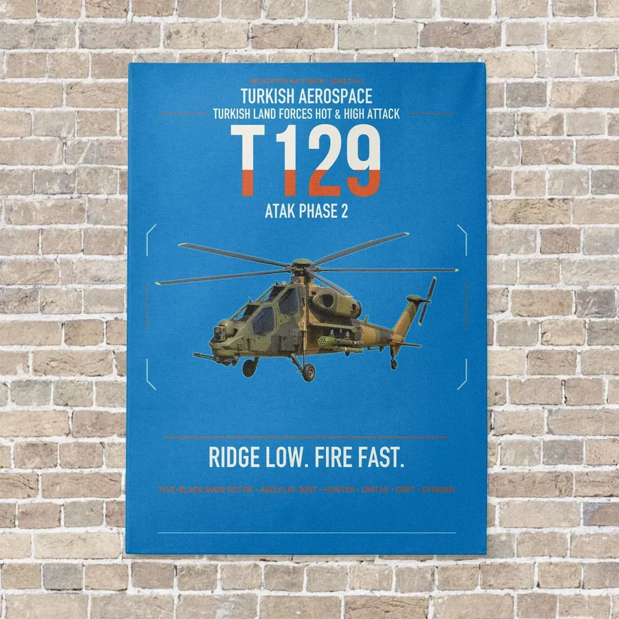 Turkish Aerospace T129 ATAK Phase 2 vertical canvas print - no frame - turquoise background