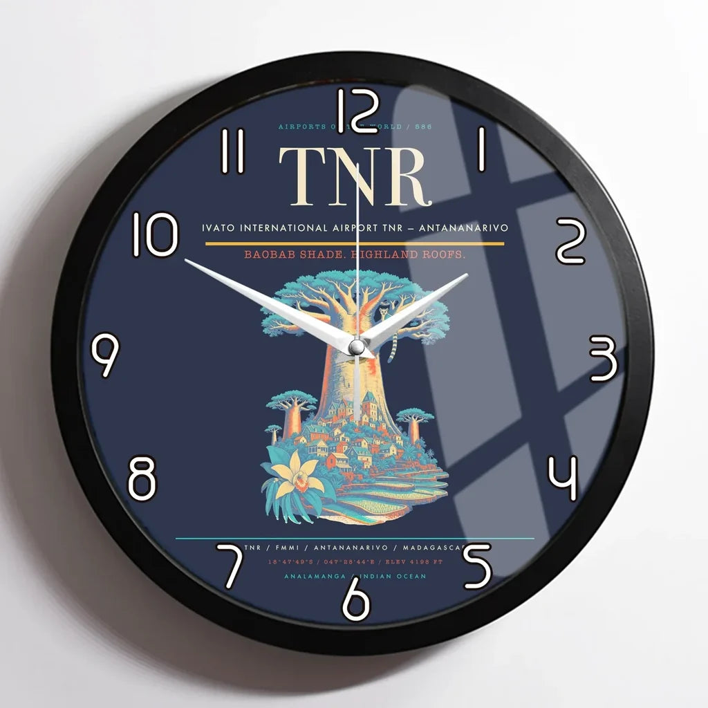 Ivato International Airport (TNR) design on navy blue framed wall clock
