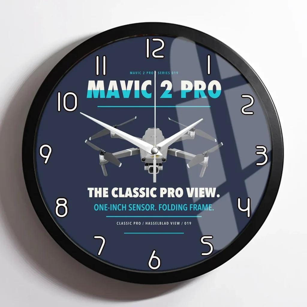 DJI Mavic 2 Pro design on navy blue framed wall clock