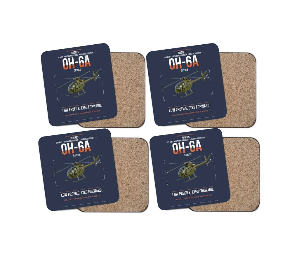 Hughes OH-6A Cayuse design on navy blue 4 pieces set coaster
