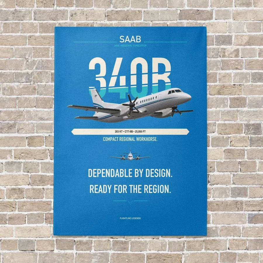 Saab 340B vertical canvas print - no frame - turquoise background