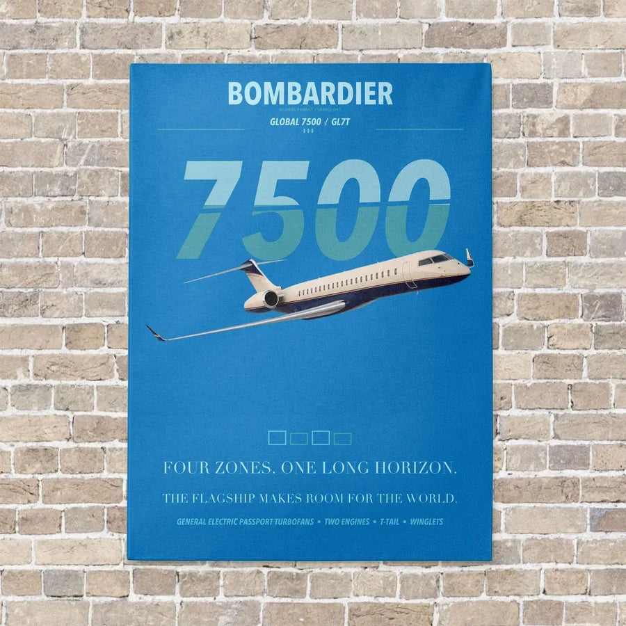 Bombardier Global 7500 vertical canvas print - no frame - turquoise background