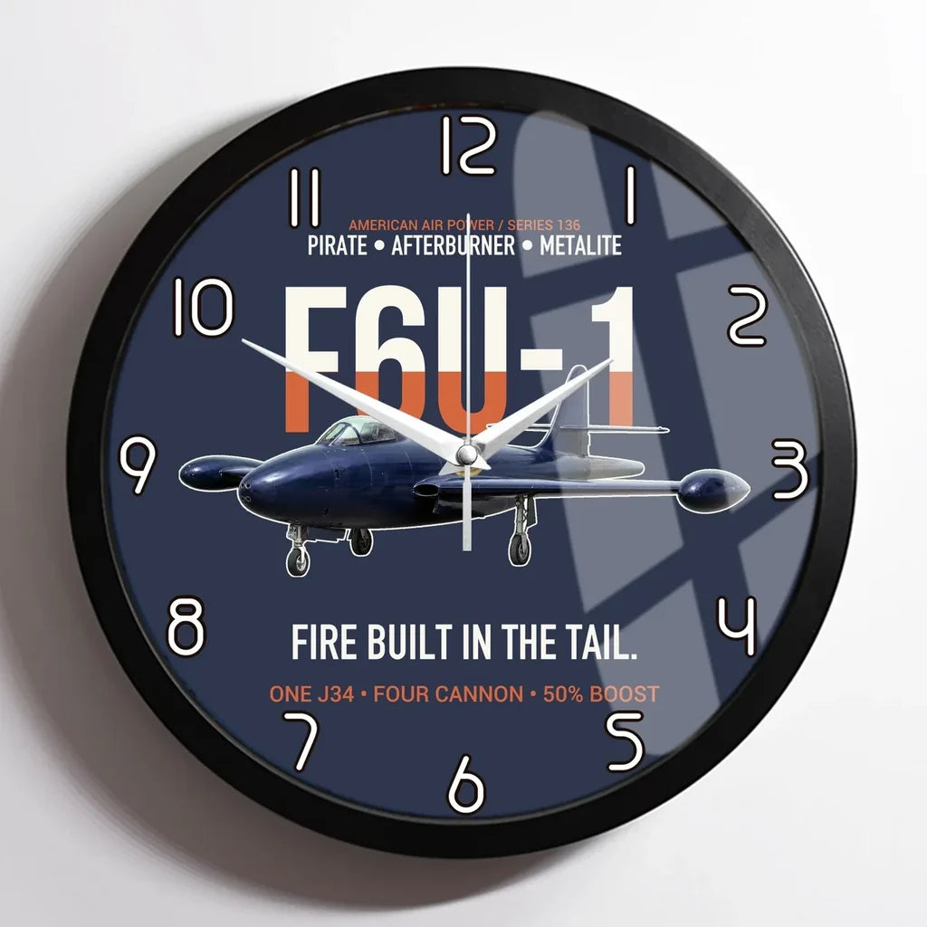 F6U-1 Pirate Fire Built in the Tail design on navy blue framed wall clock