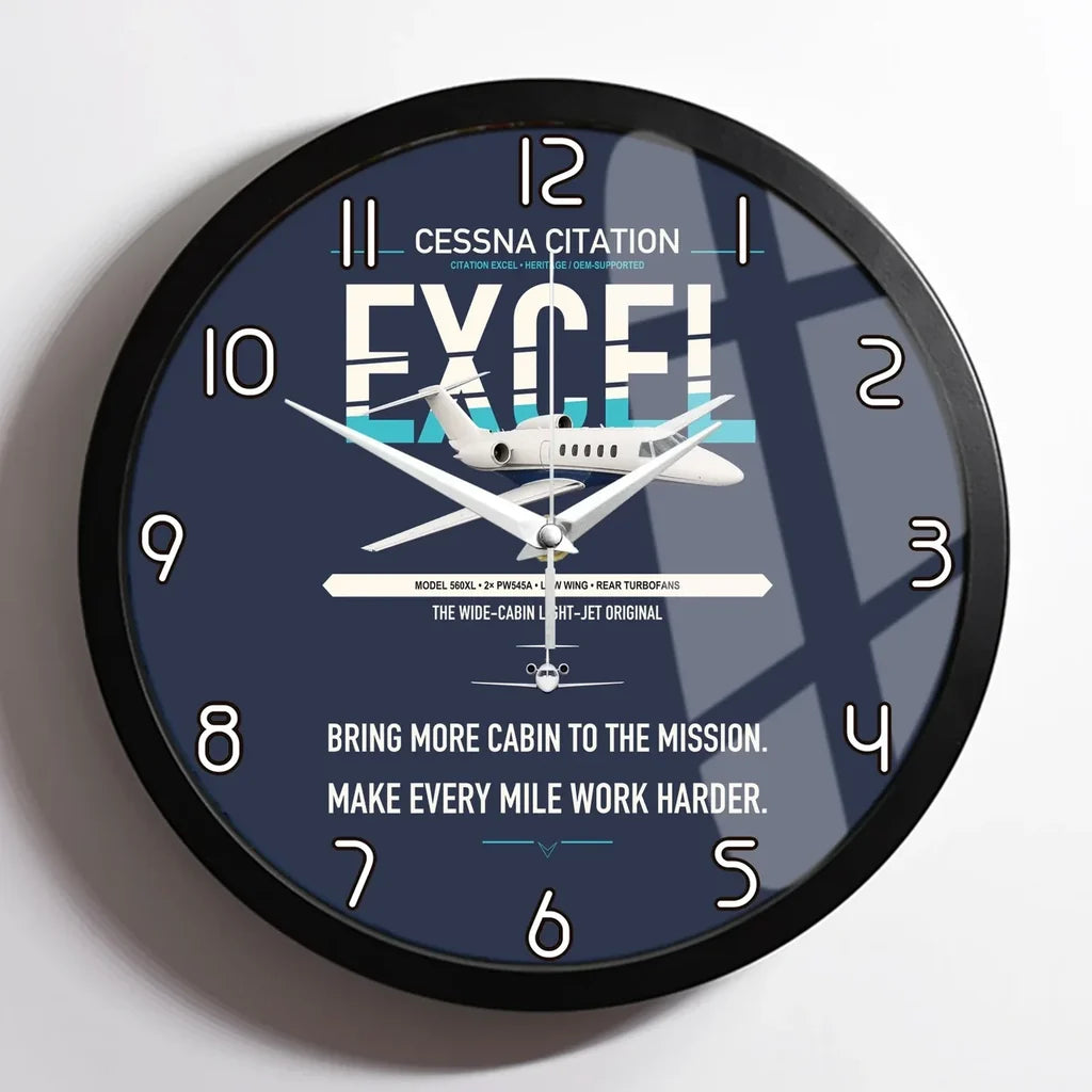 Cessna Citation Excel design on navy blue framed wall clock