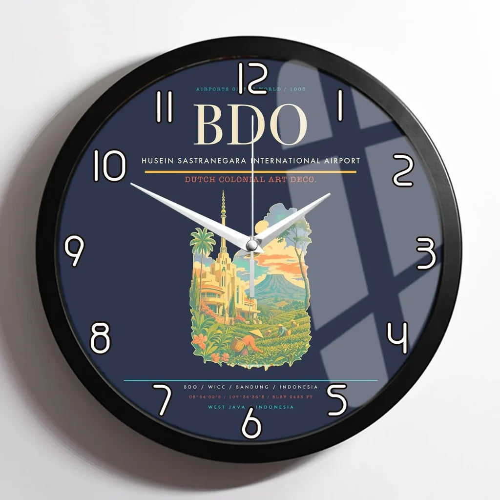 Husein Sastranegara International Airport (BDO) design on navy blue framed wall clock