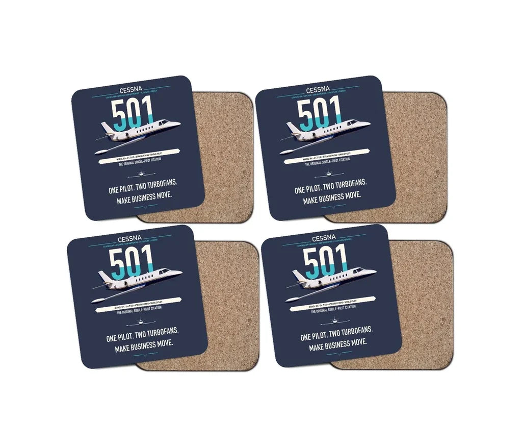 Cessna 501 Citation I SP design on navy blue 4 pieces set coaster