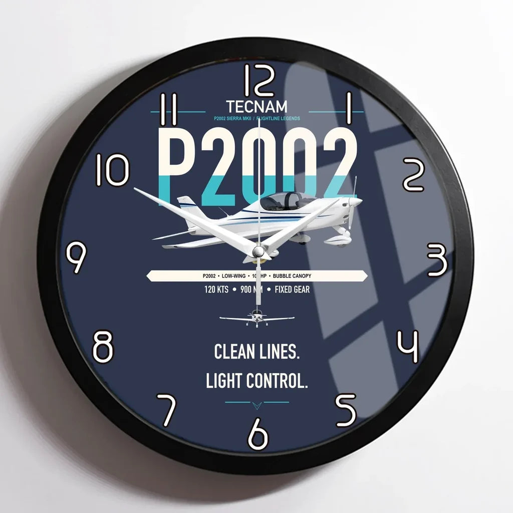 Tecnam P2002 Sierra MkII design on navy blue framed wall clock