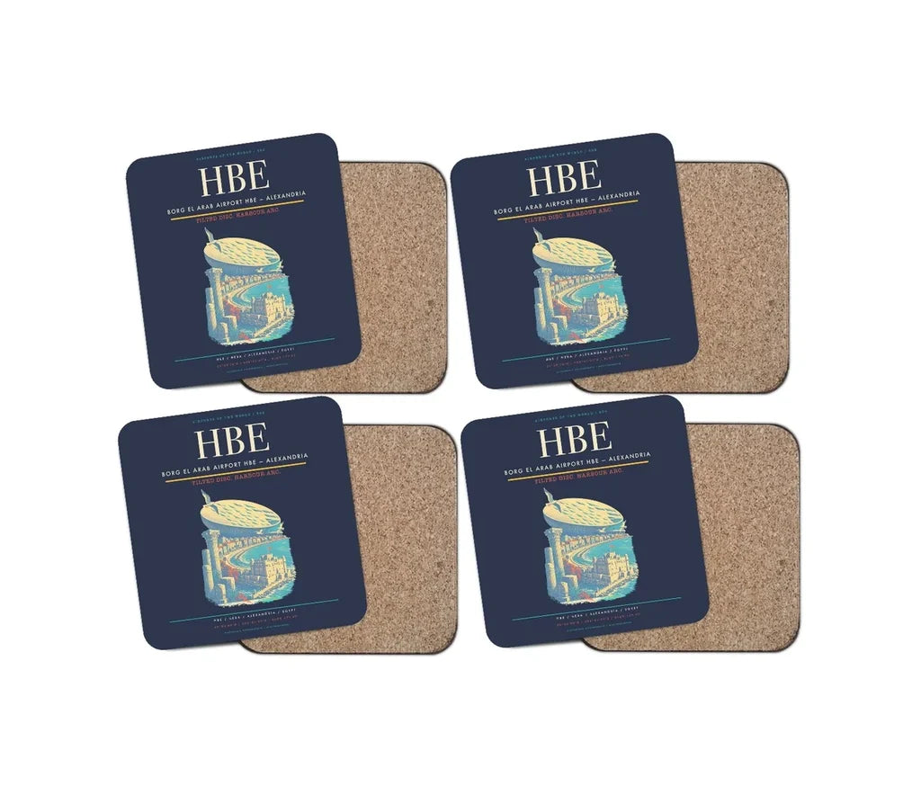 Borg El Arab Airport (HBE) design on navy blue 4 pieces set coaster