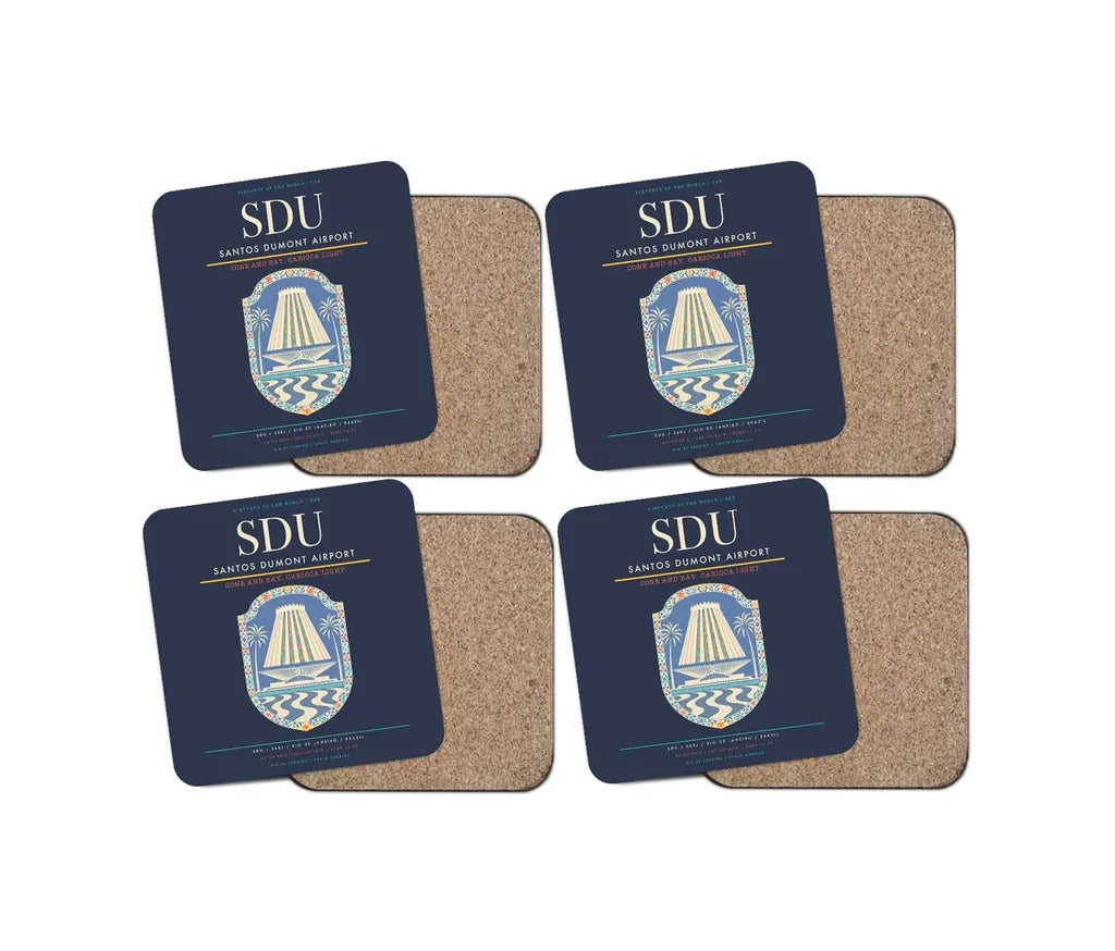 Santos Dumont Airport (SDU) design on navy blue 4 pieces set coaster