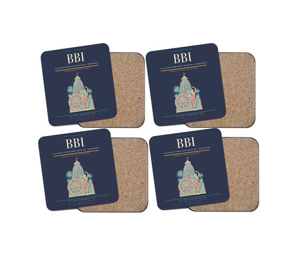 Biju Patnaik International Airport (BBI) design on navy blue 4 pieces set coaster