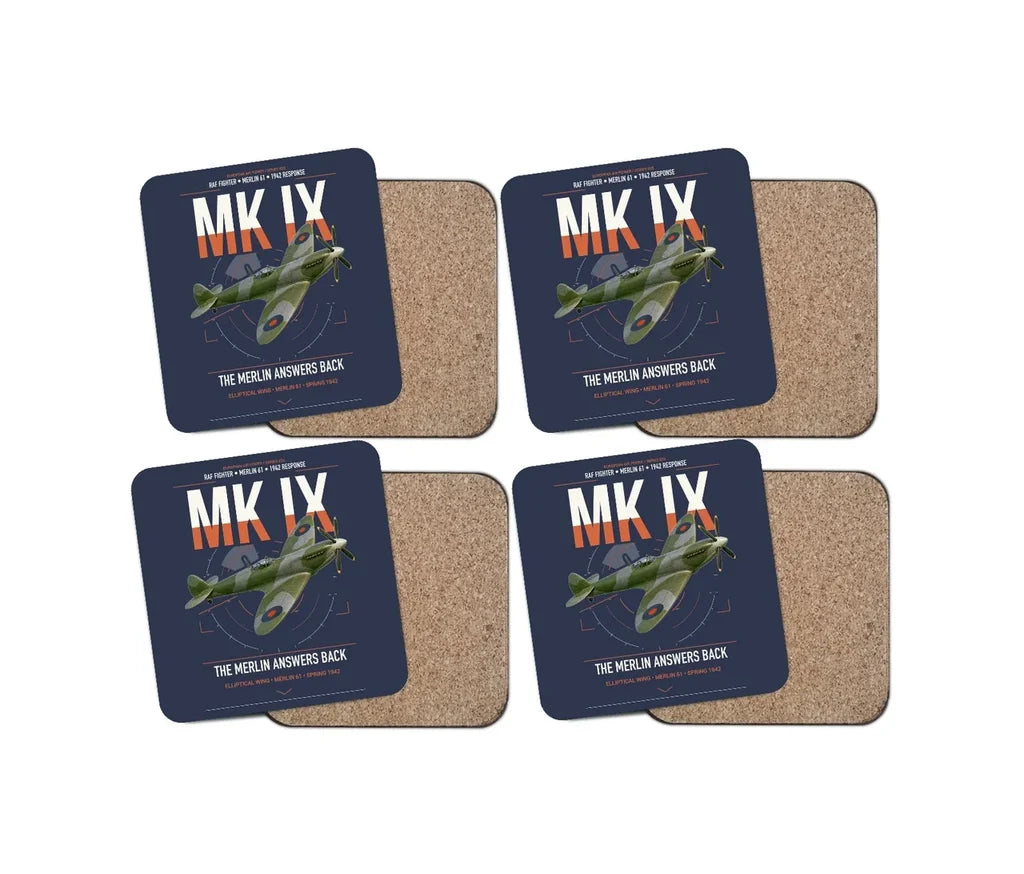 Supermarine Spitfire Mk IX design on navy blue 4 pieces set coaster