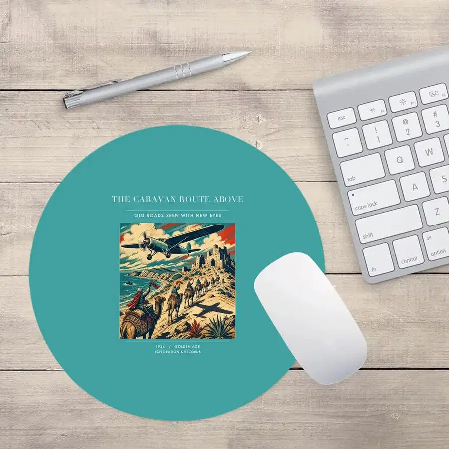 VINTAGE G4332 - The Caravan Route Above - Designed Mouse Pads design on turquoise round