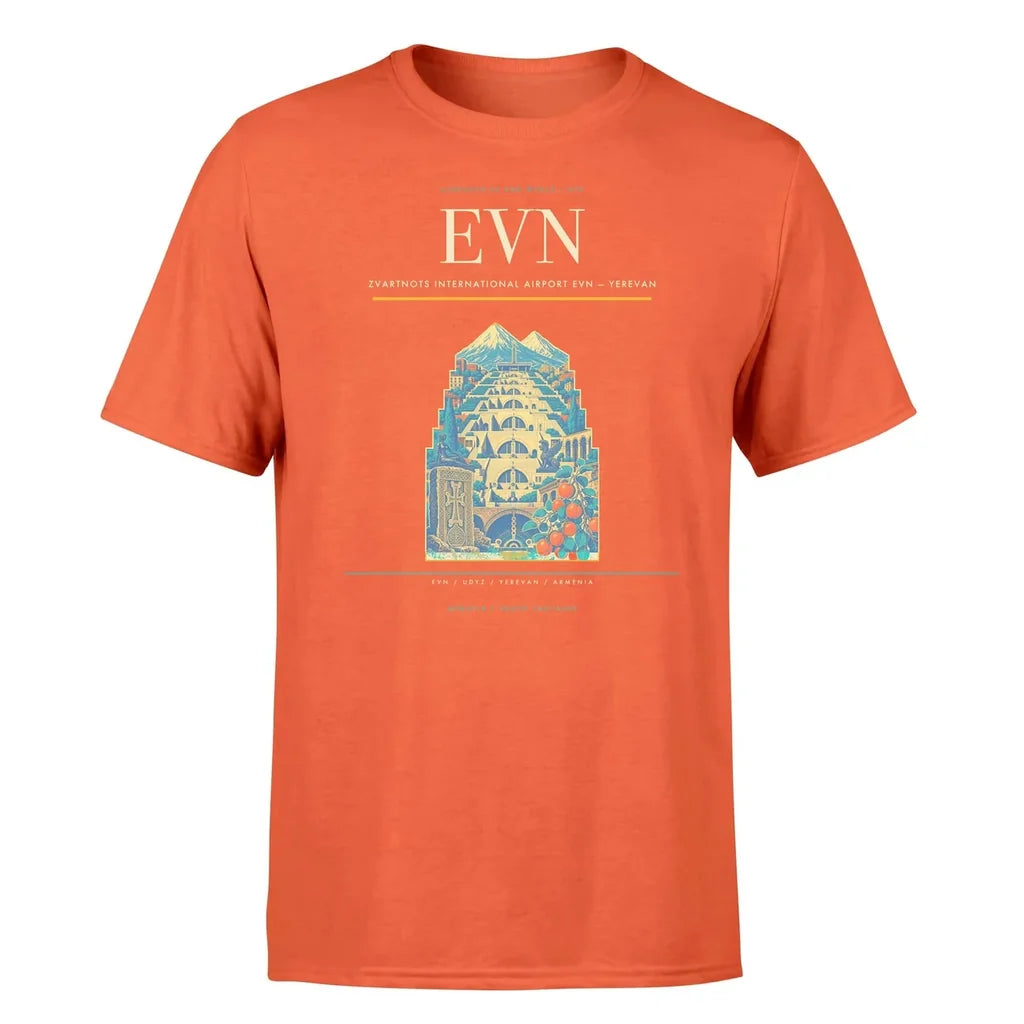 Zvartnots International Airport (EVN) T-Shirt single-side front print in Orange | zvartnots-international-airport-evn-double-side-t-shirt