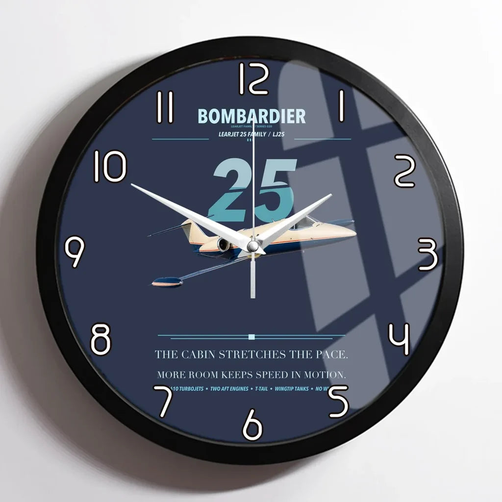 Bombardier Learjet 25 design on navy blue framed wall clock