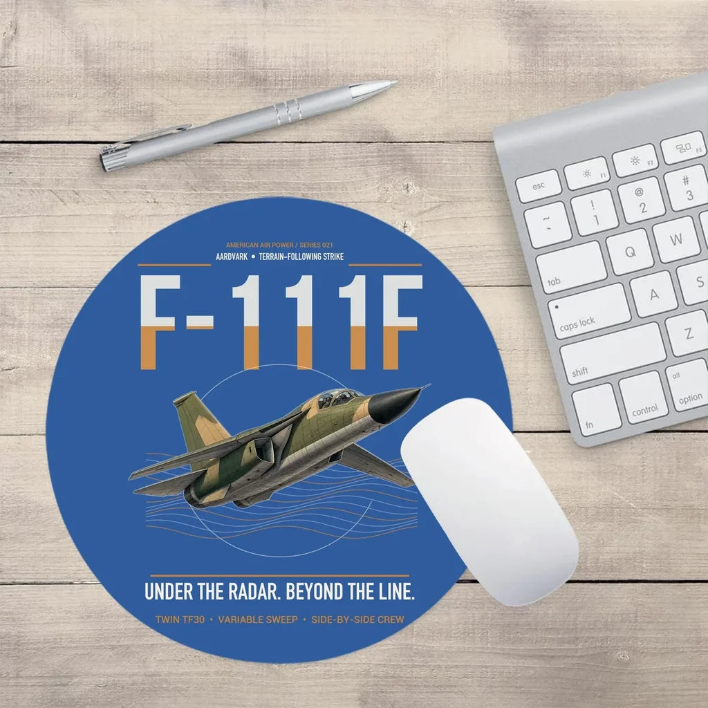 F-111F Aardvark design on blue round mouse pad