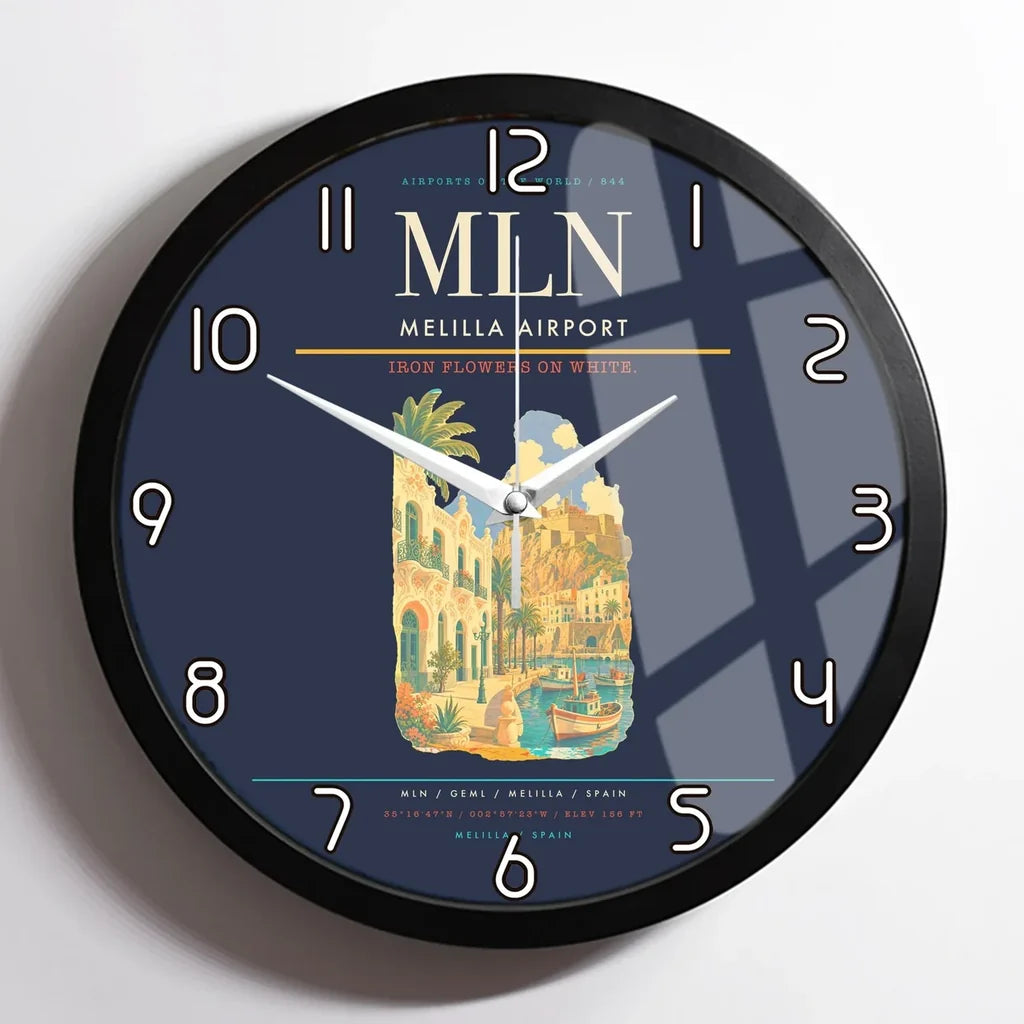 Melilla Airport (MLN) design on navy blue framed wall clock