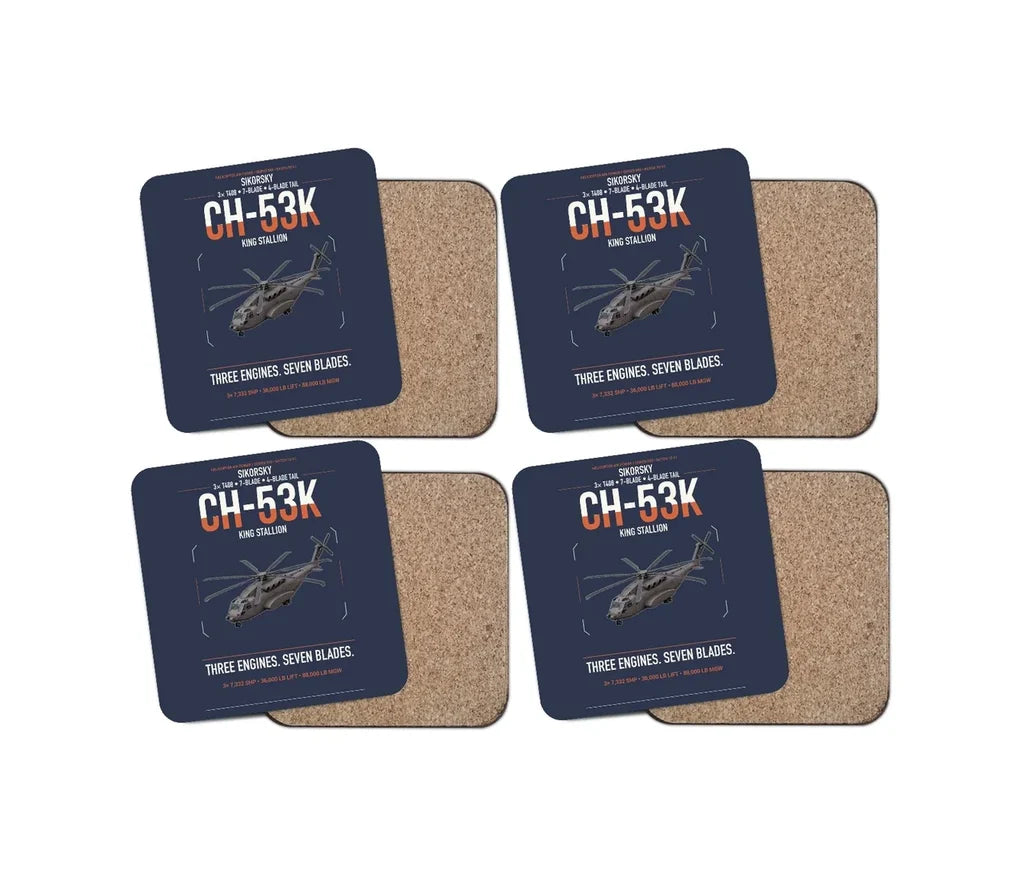 Sikorsky CH-53K King Stallion design on navy blue 4 pieces set coaster